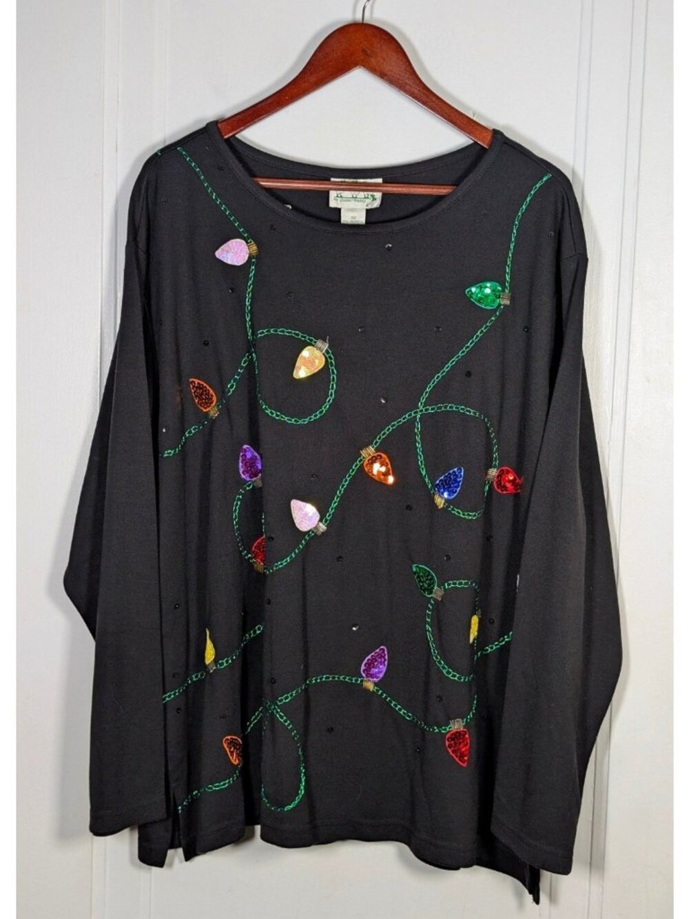 Quacker Factory Christmas Shirt 3XL Sequined Lights Holiday Colorful Black NEW